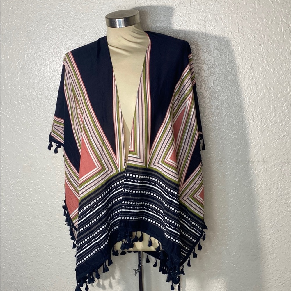 Multicolor Geometric Patterned Poncho with black tassels